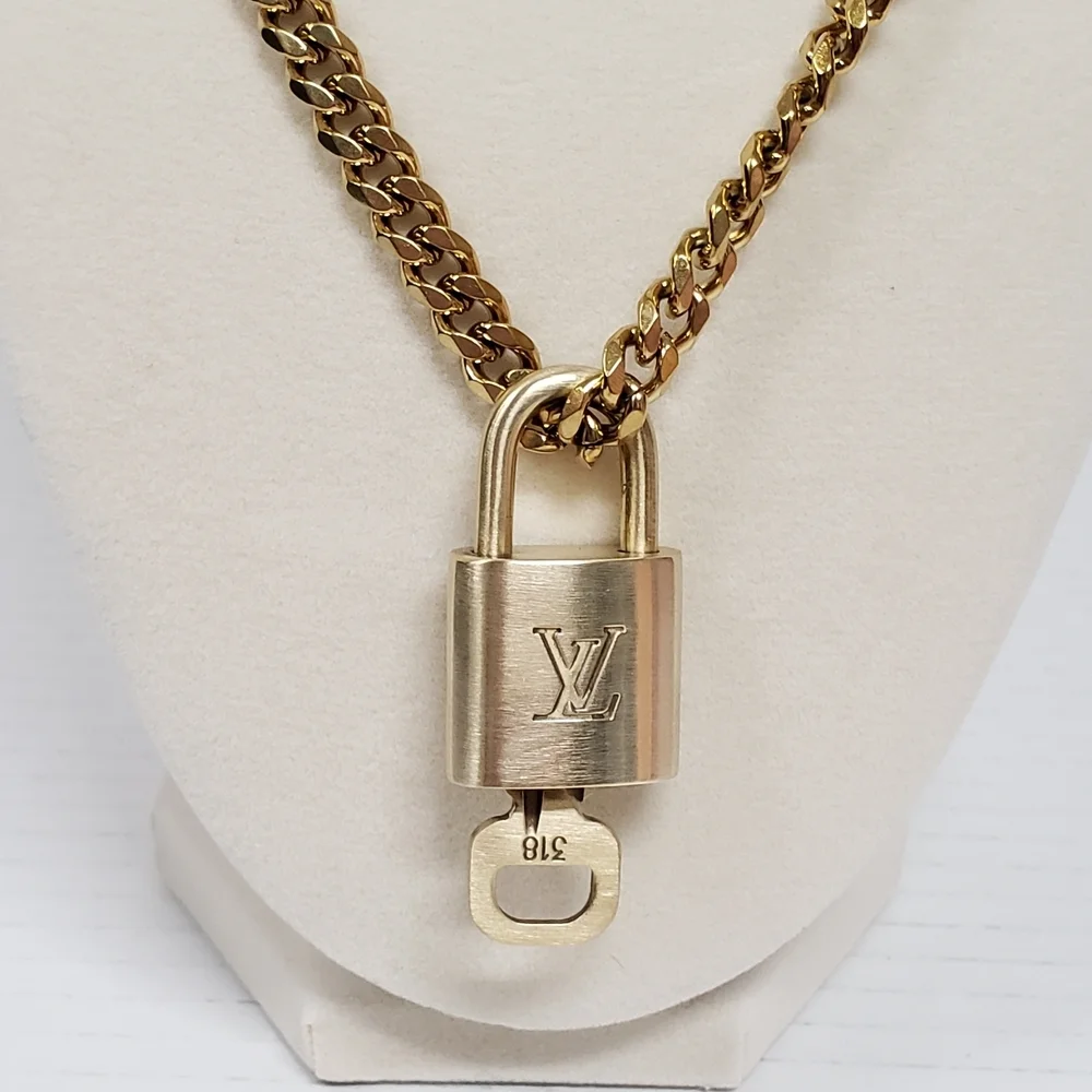 Authentic Louis Vuitton Gold Padlock W/unbranded Cuban Style Stainless Chain